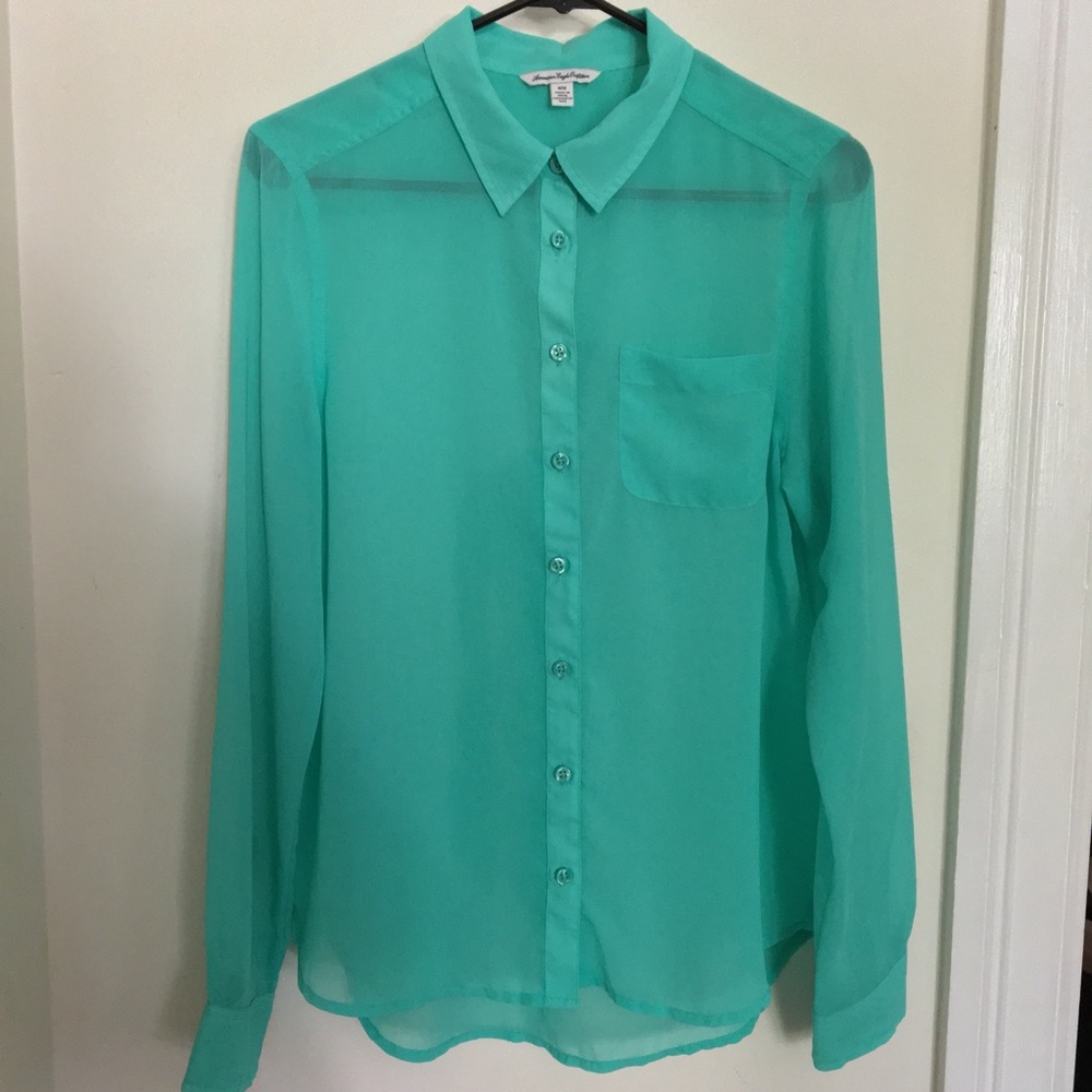 American Eagle sheer green button down blouse